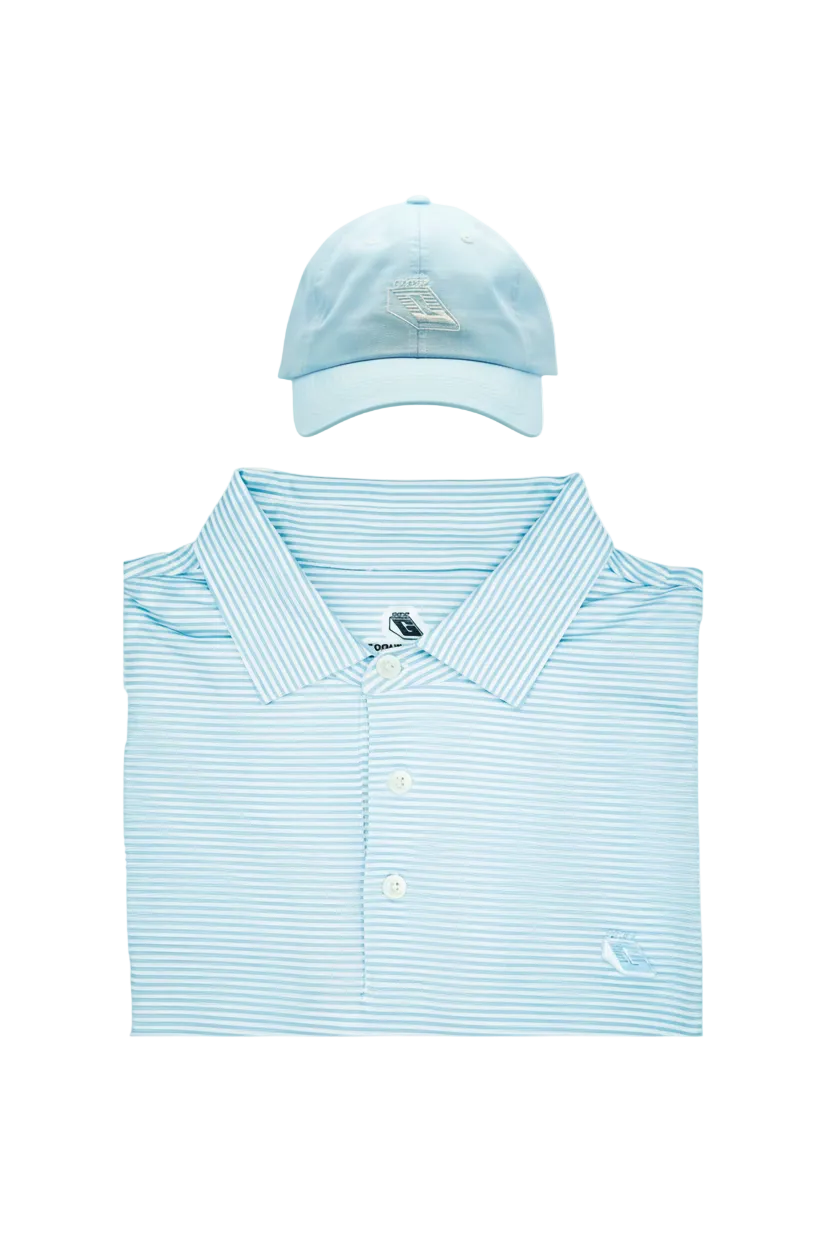 Light blue striped polo shirt and hat