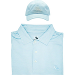 Light blue striped polo shirt and hat