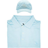 Light blue striped polo shirt and hat