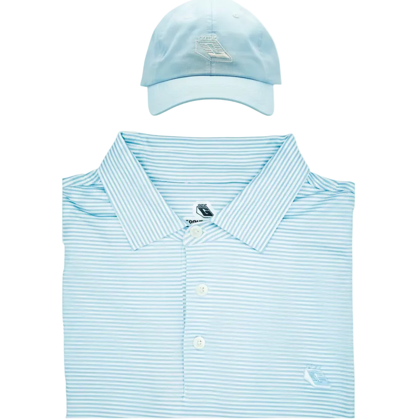 Light blue striped polo shirt and hat